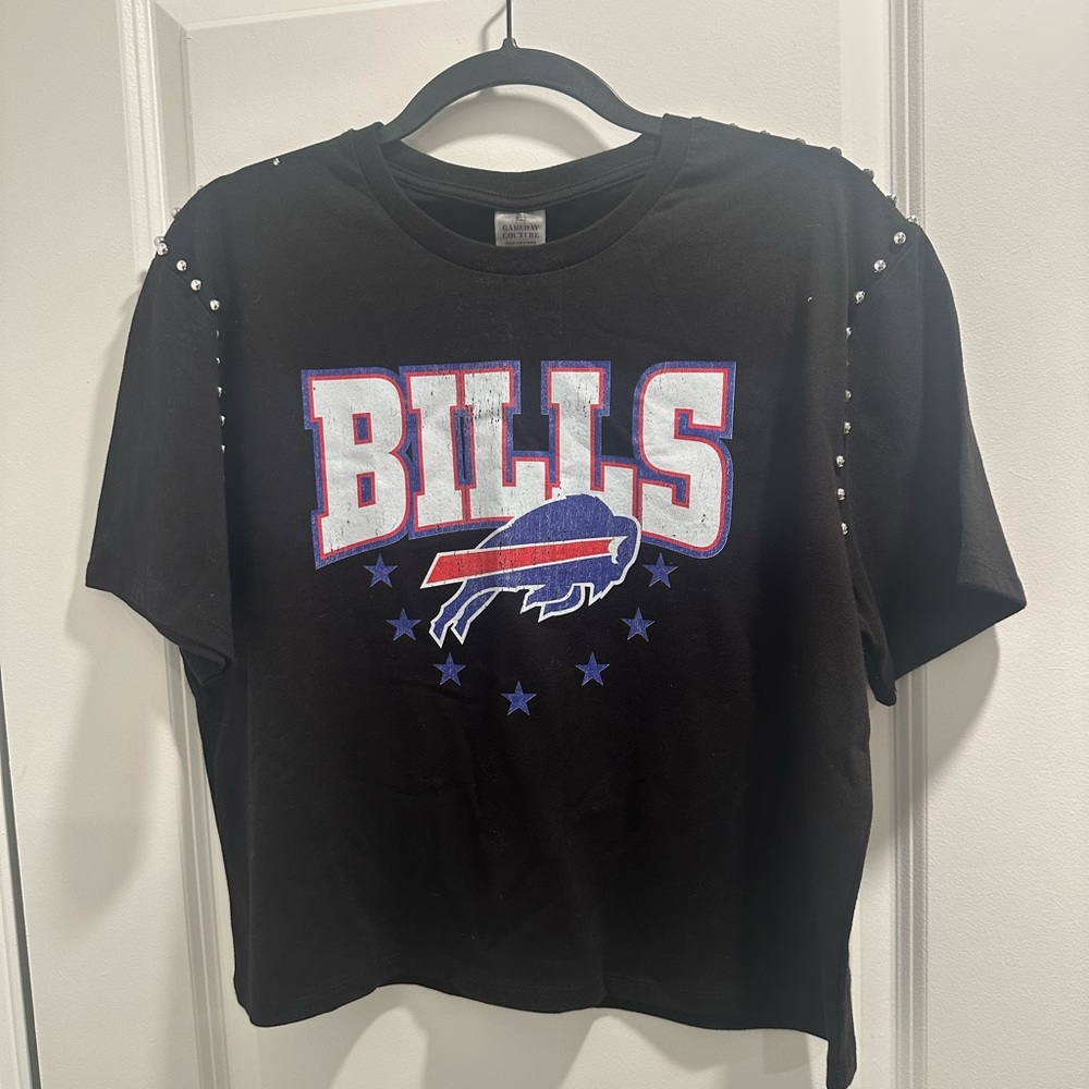 Black Bills Graphic T-Shirt with Studded Shoulders